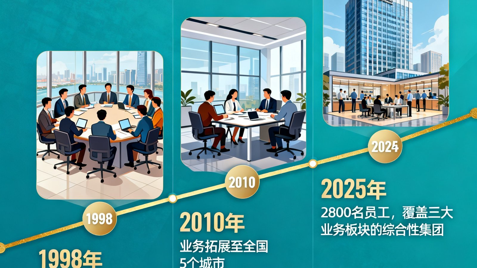 PA集团中国发展历程时间线展示，从1998年上海浦东12人贸易办公室起步，到2025年成为拥有2800名员工、覆盖三大业务板块的综合性集团。