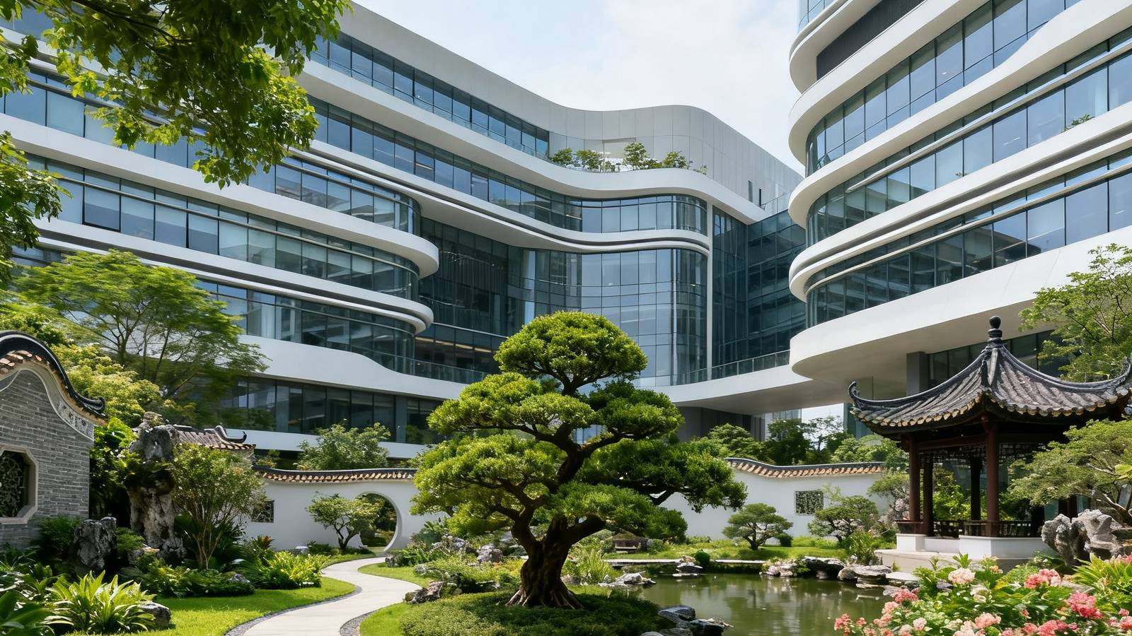 PA集团中国广州新办公园区外景，现代化建筑融入岭南园林元素，绿植环绕环境优美。